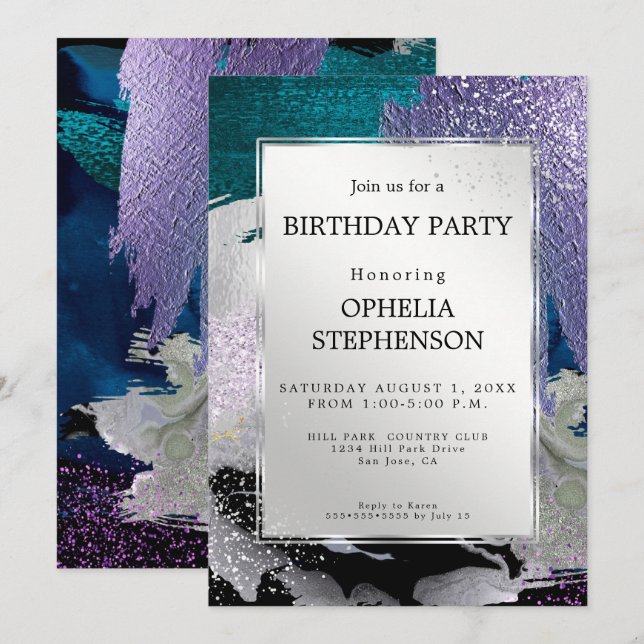 Invitación Cumpleaños | Faux Metallic Silver Lilac Aqua (Anverso / Reverso)
