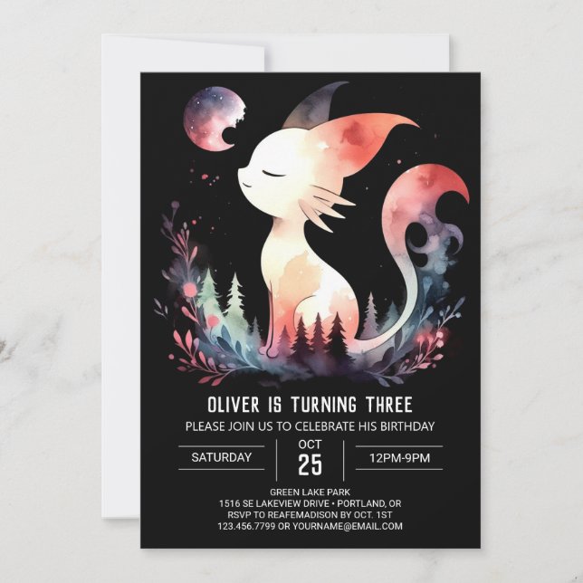 Invitación Cumpleaños felino minimalista (Anverso)