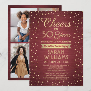 Invitación Cumpleaños Feliz Brillante Burgundy Dorado 4 Foto