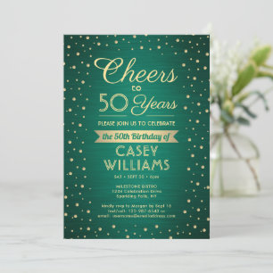 Invitación Cumpleaños Feliz Brillante Confeti Verde y Dorado