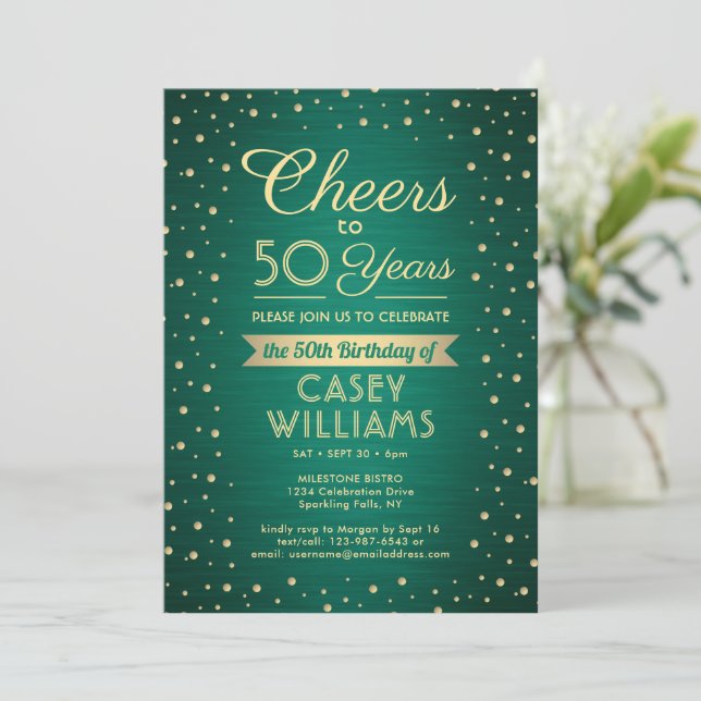 Invitación Cumpleaños Feliz Brillante Confeti Verde y Dorado (Anverso de pie)