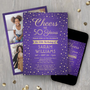 Invitación Cumpleaños Feliz Brushed Purple & Gold 4 Fotos
