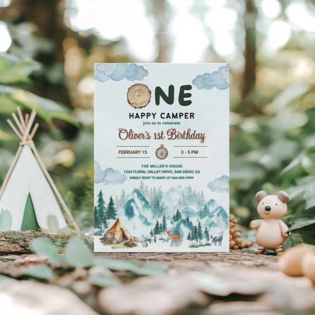 Invitación Cumpleaños Feliz Campista Montaña Bosque 1er (One happy camper 1st birthday invitation)