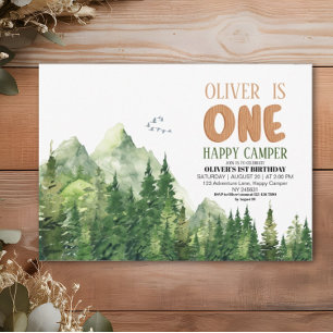 Invitación Cumpleaños Feliz Campista Verde Bosque Acuarela 1