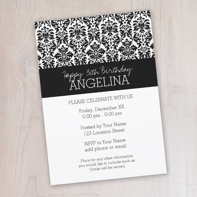 Invitación Cumpleaños feliz con Damasco blanco y negro de mod (Black lace birthday party invitation - instant download available)