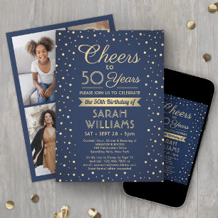 Invitación Cumpleaños Feliz Confeti Azul Marino y Dorado para