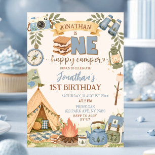 Invitación Cumpleaños feliz del primer campista feliz azul