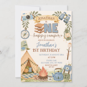 Invitación Cumpleaños feliz del primer campista feliz azul