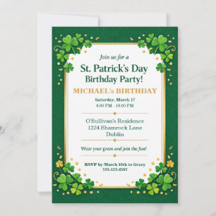 Invitación Cumpleaños Feliz del trébol de la suerte verde dor