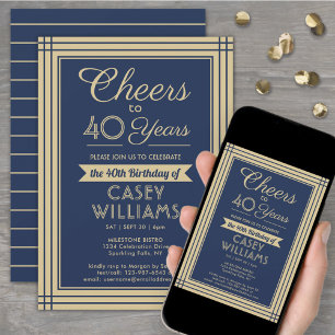 Invitación Cumpleaños Feliz Descargable Azul Marino y Dorado