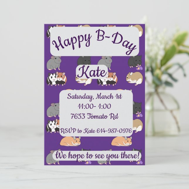 Invitación Cumpleaños Feliz Hámsters (Anverso de pie)