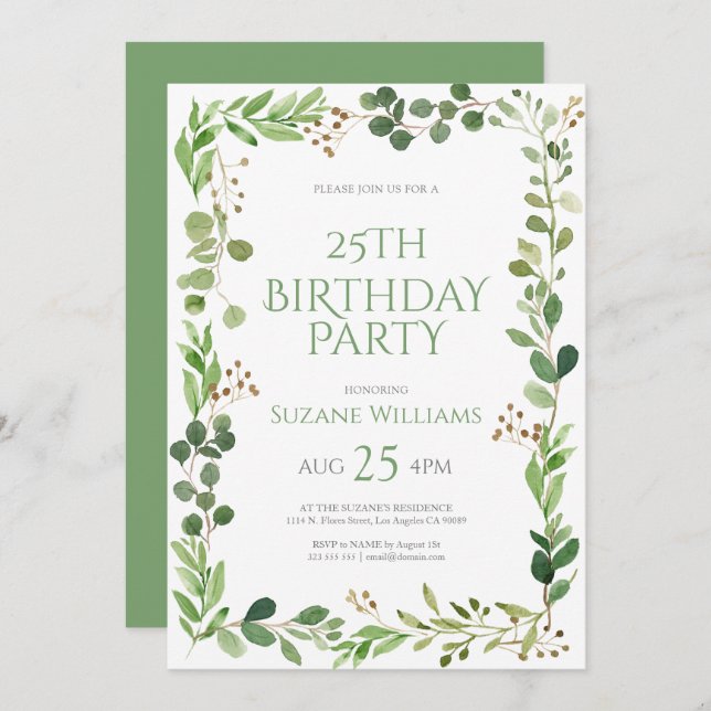 Invitación Cumpleaños feliz marco de hojas verdes 2 (Anverso / Reverso)