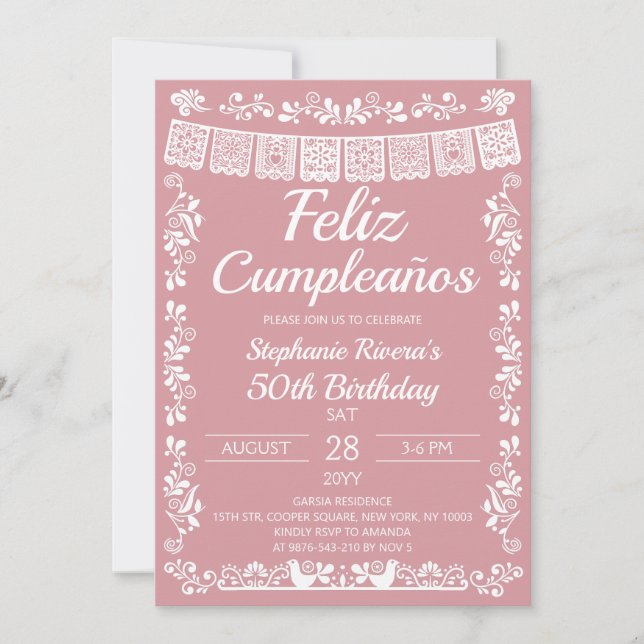 Invitación Cumpleaños Feliz Rosa Sonrojado 50 Cumpleaños (Anverso)