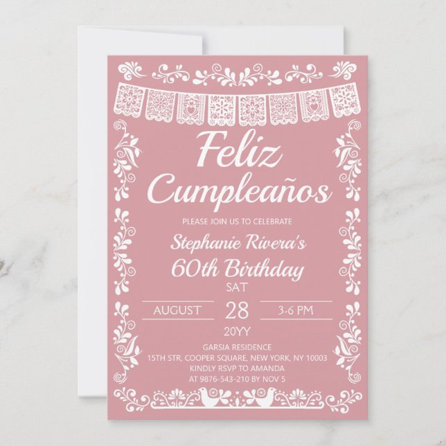 Invitación Cumpleaños Feliz Rosa Sonrojado 60 Cumpleaños (Anverso)