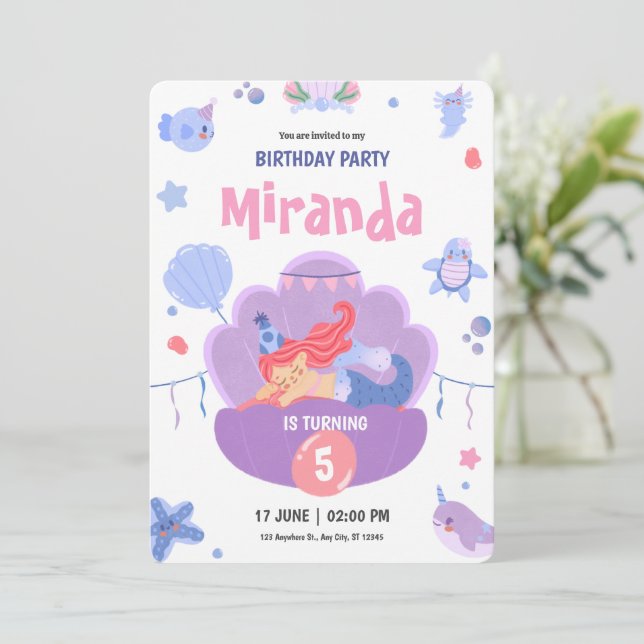 Invitación Cumpleaños Feliz Sirena Durmiendo Morado Rosa (Anverso de pie)