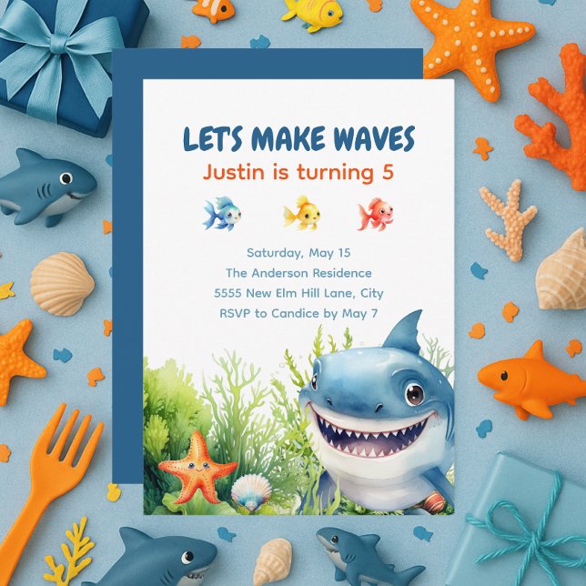 Invitación Cumpleaños Feliz Tiburón Bajo el Mar Haz Olas (Happy shark under the sea birthday party invitation)