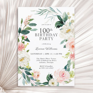 Invitación Cumpleaños Femenino de Rosa Floral con Rubor 100