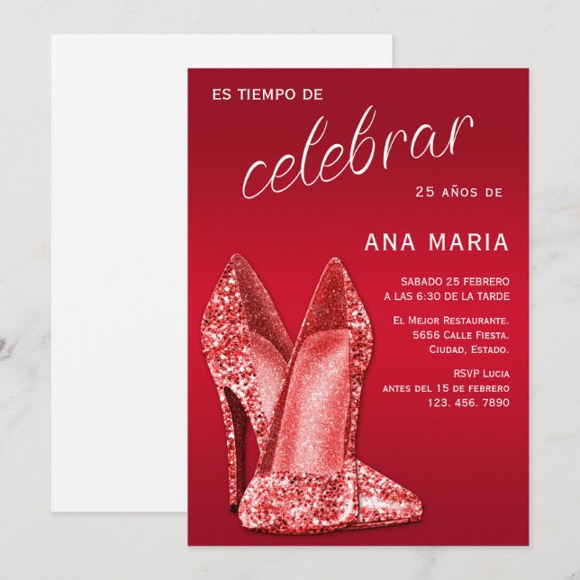 Invitación Cumpleaños Femenino Español Rojo Sofisticado (Anverso / Reverso)