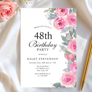 Invitación Cumpleaños Femenino Rosa Acuarela Floral Chic 48