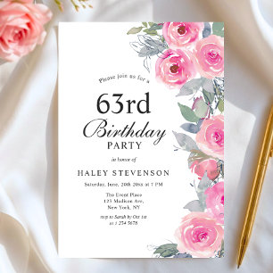 Invitación Cumpleaños Femenino Rosa Acuarela Floral Chic 63