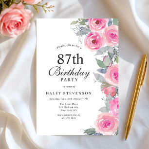 Invitación Cumpleaños Femenino Rosa Acuarela Floral Chic 87
