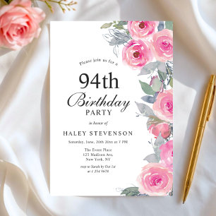 Invitación Cumpleaños Femenino Rosa Acuarela Floral Chic 94