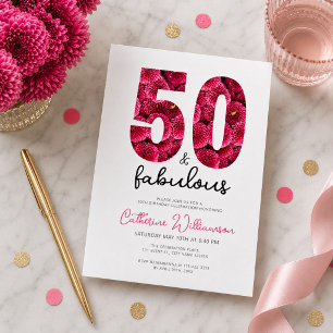 Invitación Cumpleaños Femenino Rosa Floral 50 y Fabuloso