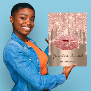 Invitación Cumpleaños Fiesta 16º Beso Labios Rosa Rubor Brill