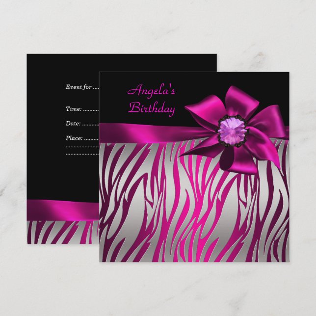 Invitación Cumpleaños Fiesta Arco Rosa Negro Pink Zebra Plata (Anverso / Reverso)