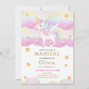 Invitación Cumpleaños Fiesta Arcoíris Unicornio Pastel Mágico