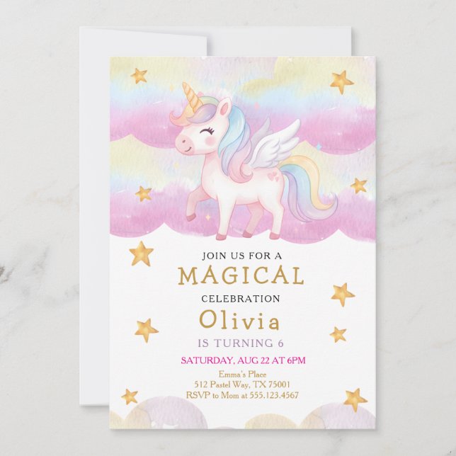 Invitación Cumpleaños Fiesta Arcoíris Unicornio Pastel Mágico (Anverso)