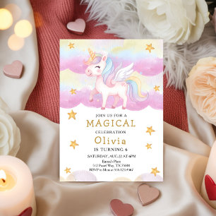 Invitación Cumpleaños Fiesta Arcoíris Unicornio Pastel Mágico