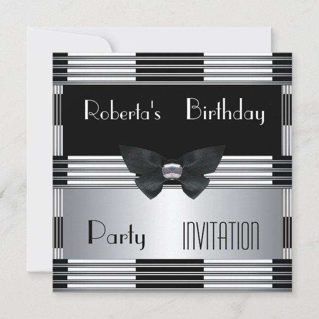 Invitación Cumpleaños Fiesta Art Deco Negro Plata  (Anverso)