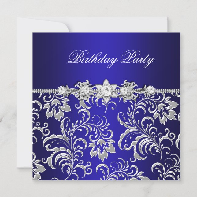 Invitación Cumpleaños Fiesta Azul Oscuro Floral Damasco Plata (Anverso)