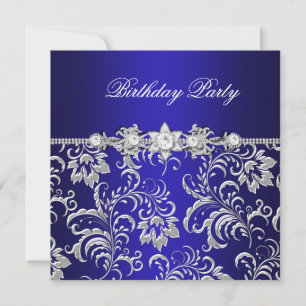 Invitación Cumpleaños Fiesta Azul Oscuro Floral Damasco Plata