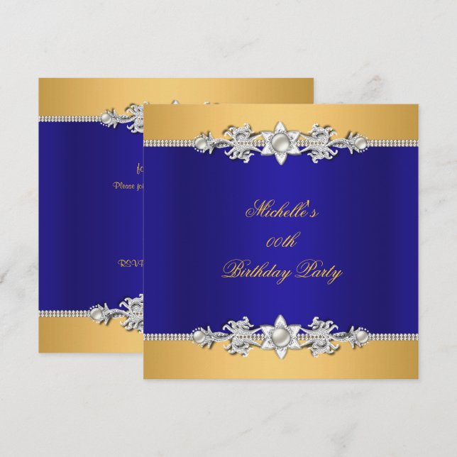 Invitación Cumpleaños Fiesta Azul Real Perla Borde Joya (Anverso / Reverso)