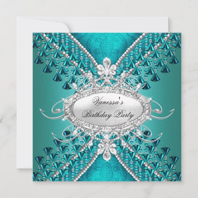 Invitación Cumpleaños Fiesta Azul Teal Diamante Cuentas (Anverso)