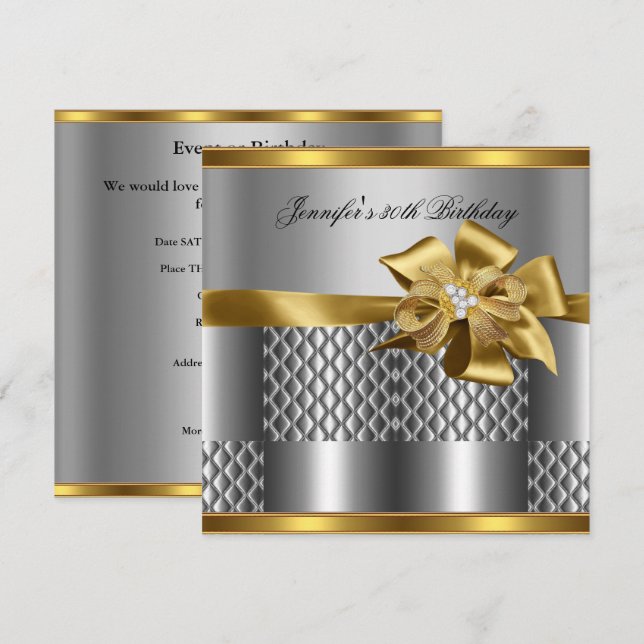 Invitación Cumpleaños Fiesta Baldosa Dorada Trim Borde Gris D (Anverso / Reverso)