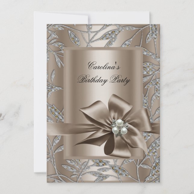 Invitación Cumpleaños Fiesta Beige Plata Perla Damask 2 (Anverso)