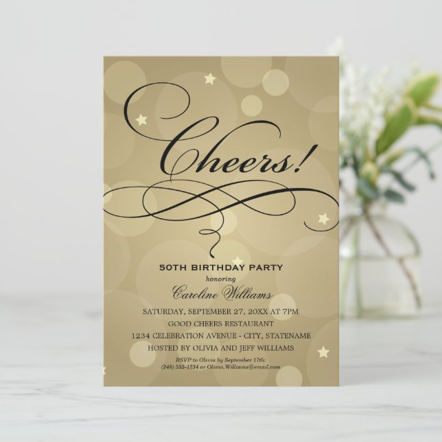 Invitación Cumpleaños Fiesta Bokeh Dorado Cheers (Anverso de pie)