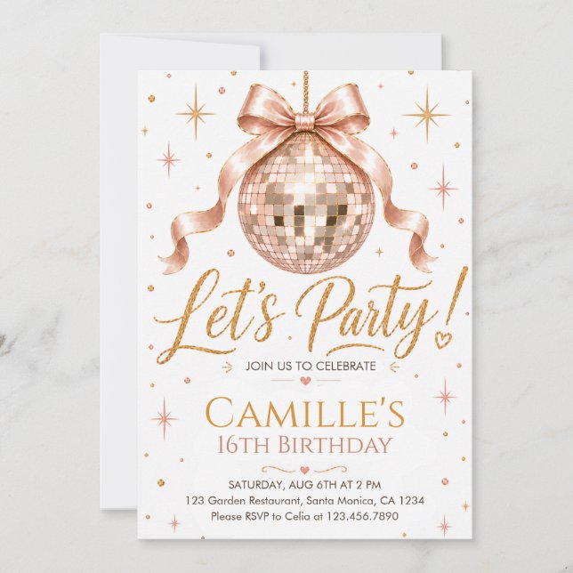 Invitación Cumpleaños Fiesta Bola de Disco Rosa Elegante (Anverso)
