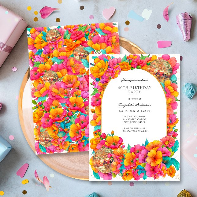 Invitación Cumpleaños Fiesta Bola Disco Floral Rosa Brillante (Subido por el creador)