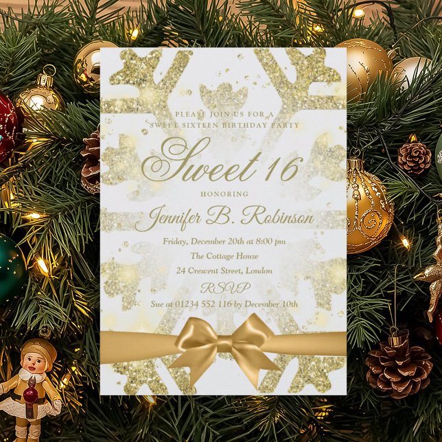 Invitación Cumpleaños Fiesta Bow Sweet 16 Brillo Invierno Dor (Gold Winter Glitter Bow Sweet 16 Birthday Party Invitation)