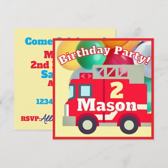 Invitación Cumpleaños fiesta camión de bomberos Emoji  (Anverso / Reverso)