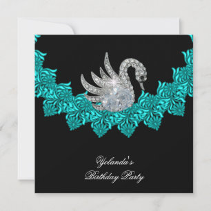Invitación Cumpleaños Fiesta Cisne Azul Teal Floral Negro