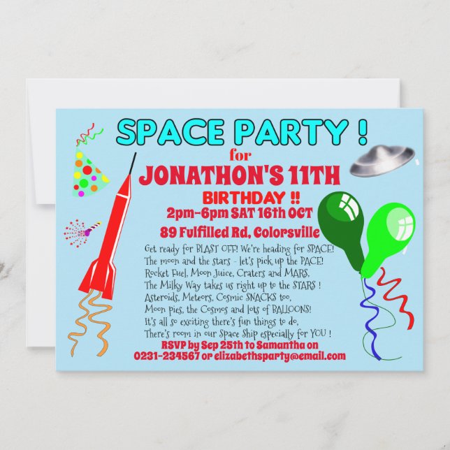 Invitación Cumpleaños fiesta cohete espacial exterior (Anverso)
