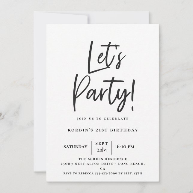 Invitación Cumpleaños Fiesta con Letra Negra Moderna (Anverso)
