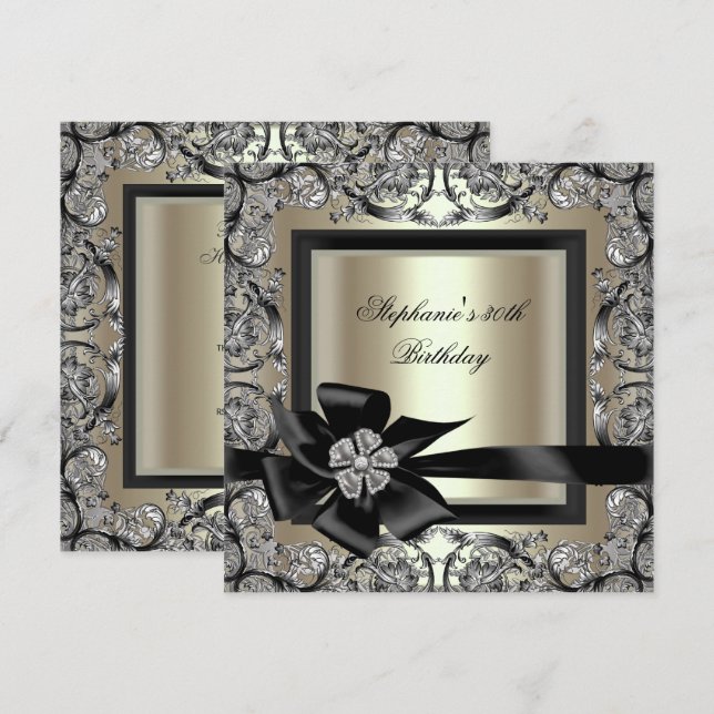 Invitación Cumpleaños Fiesta Crema Menta Oro Plata Negro Arco (Anverso / Reverso)