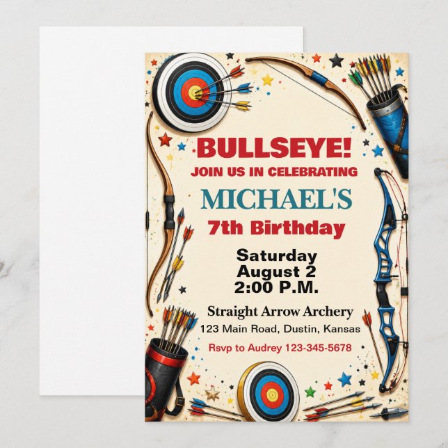 Invitación Cumpleaños Fiesta de Arquería con Arco y Flecha (Anverso / Reverso)