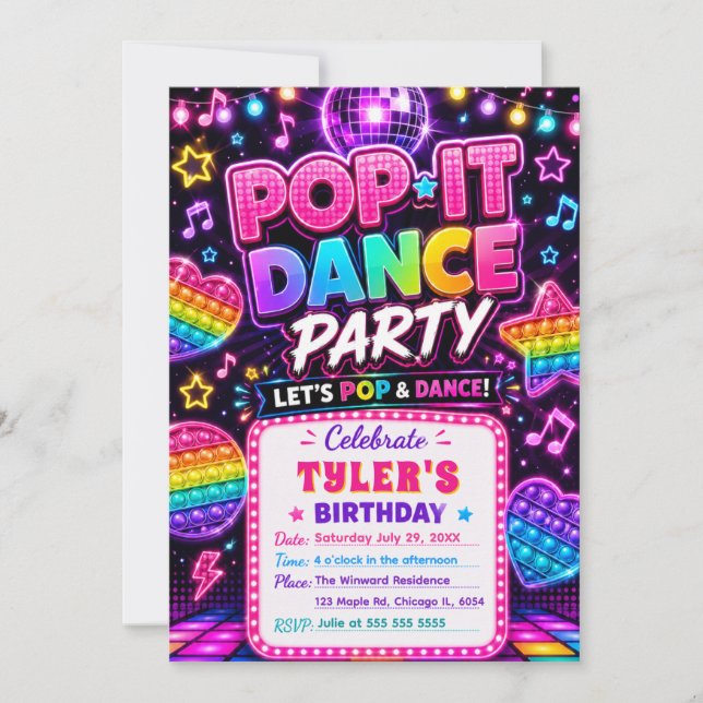Invitación Cumpleaños Fiesta de Baile Pop It (Anverso)